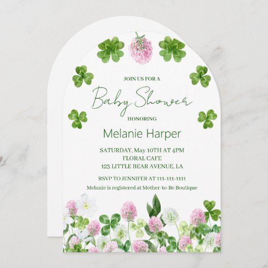 水彩クローバー離れと花赤ちゃんシャワー 招待状 (正面/裏面)