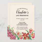 水彩グラジオリチューリップリリーバースデーパーティー 招待状 (正面/裏面)