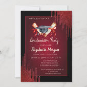 水彩グラッドキャップ、ディプロマ、赤いドリップス卒業 招待状 (正面)