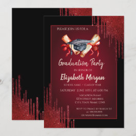 水彩グラッドキャップ、ディプロマ、赤いドリップス卒業 招待状
