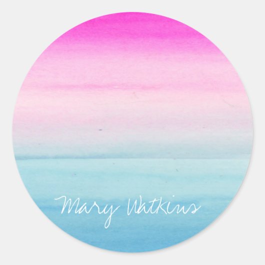 水彩グラデーションピンクと青 |名前の追加 ラウンドシール (正面)