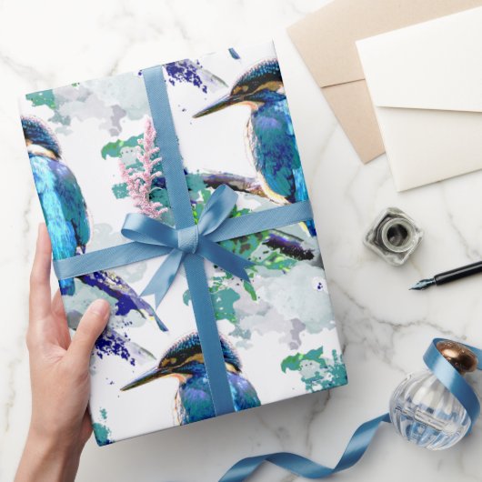 水彩グラフィックアートキングフィッシャー魚釣りバードアート ラッピングペーパー (ギフト)