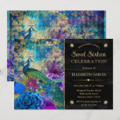 水彩グランジ孔雀と花Sweet 16 招待状 (正面/裏面)