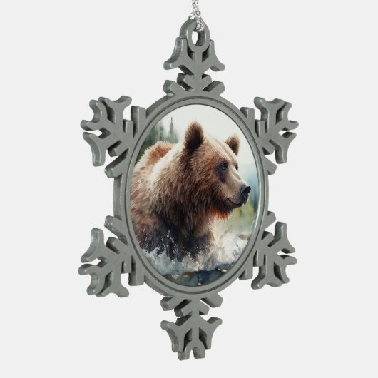 水彩グリズリーベアーワイルドライフ自然アート スノーフレークピューターオーナメント (左)