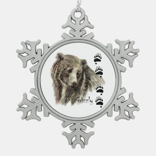 水彩グリズリーベアーワイルドライフ自然アート スノーフレークピューターオーナメント (正面)