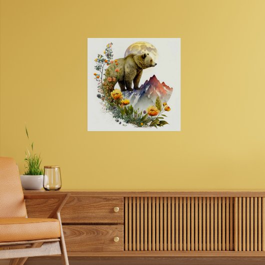 水彩グリズリーベア山花月 ポスター (リビング2)