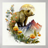 水彩グリズリーベア山花月 ポスター (正面)