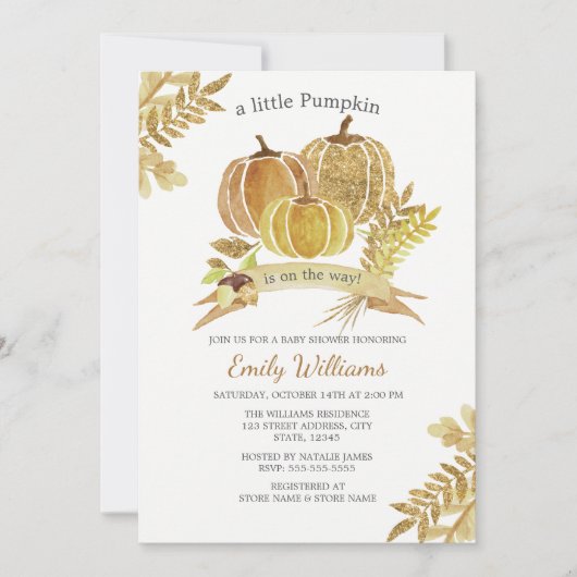 水彩グリッターカボチャ秋ベビシャワーカード 招待状 (正面)