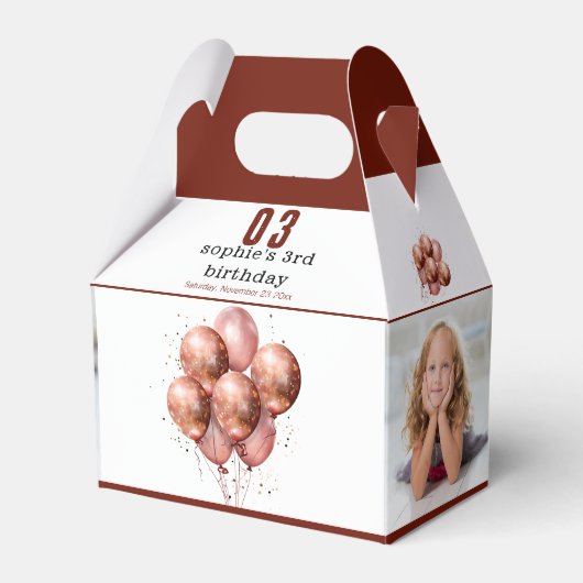 水彩グリッターバラ金ゴールドバルーン3歳の誕生日 フェイバーボックス (正面サイド)