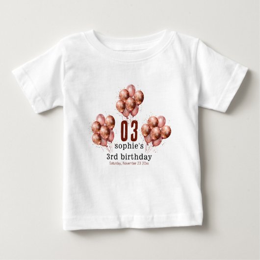 水彩グリッターバラ金ゴールドバルーン3歳の誕生日 ベビーTシャツ (正面)