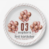 水彩グリッターバラ金ゴールドバルーン3歳の誕生日 ペーパープレート (正面)