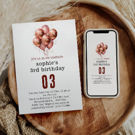 水彩グリッターバラ金ゴールドバルーン3歳の誕生日 招待状