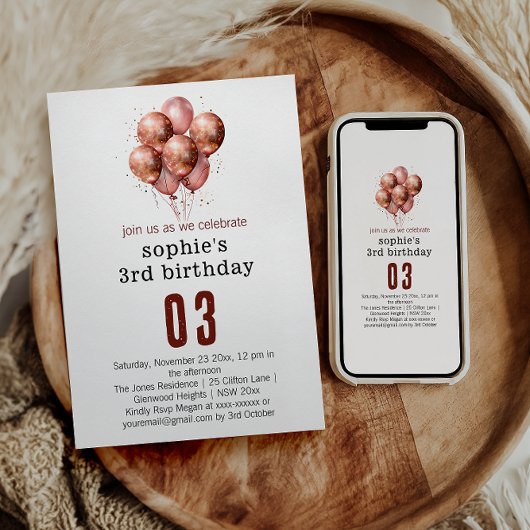 水彩グリッターバラ金ゴールドバルーン3歳の誕生日 招待状