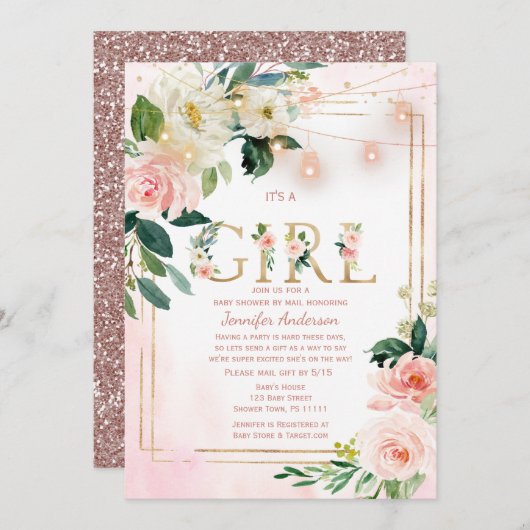 水彩グリッターベビーガールシャワー(郵便) 招待状 (正面/裏面)