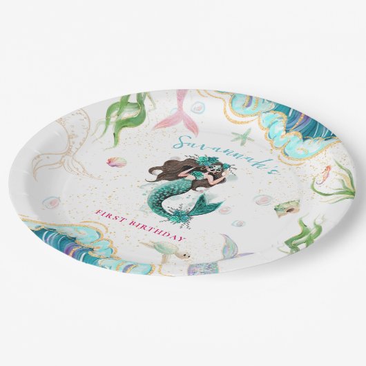 水彩グリッターマーメイド誕生日 ペーパープレート (アングル)