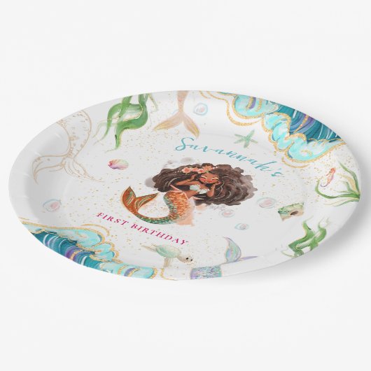 水彩グリッターマーメイド誕生日 ペーパープレート (アングル)