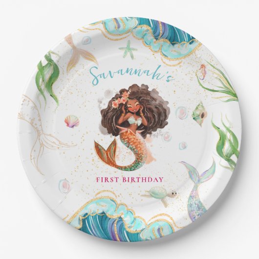 水彩グリッターマーメイド誕生日 ペーパープレート (正面)