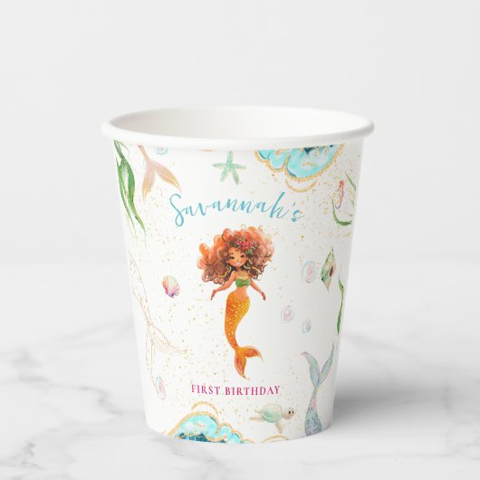 水彩グリッターマーメイド誕生日 紙コップ (正面)