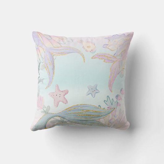 水彩グリッター人魚の尾が海の下 クッション (裏面)