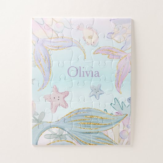 水彩グリッター人魚の尾が海の下 ジグソーパズル (縦)