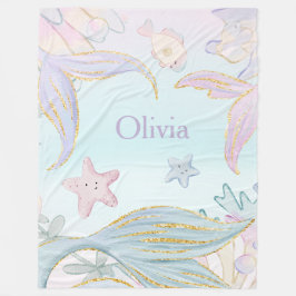 水彩グリッター人魚の尾が海の下 フリースブランケット