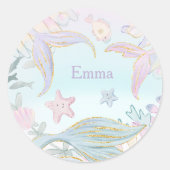 水彩グリッター人魚の尾が海の下 ラウンドシール (正面)