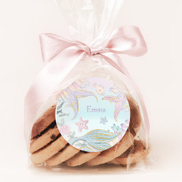 水彩グリッター人魚の尾が海の下 ラウンドシール