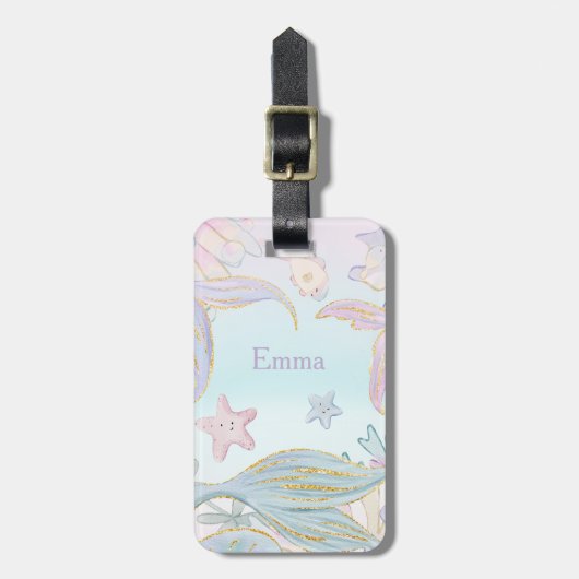 水彩グリッター人魚の尾が海の下 ラゲッジタグ (正面縦)