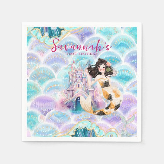 水彩グリッター人魚の誕生日 スタンダードカクテルナプキン (正面)