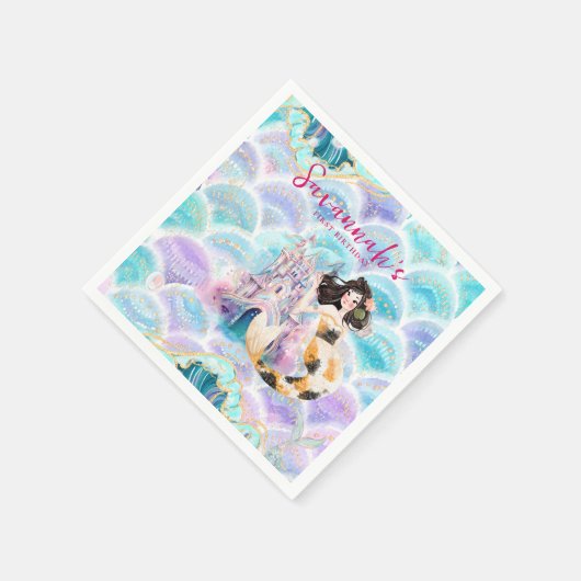 水彩グリッター人魚の誕生日 スタンダードカクテルナプキン (角)