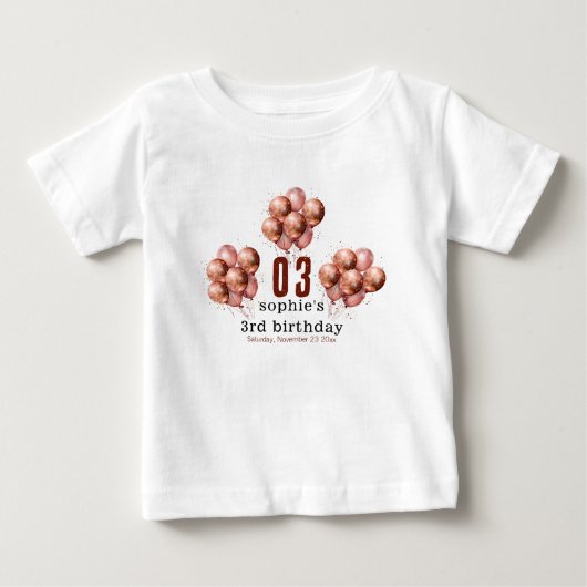 水彩グリッター ローズゴールド 風船 3歳 誕生日 ベビーTシャツ (正面)