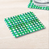 水彩グリッド – 緑 スクエアペーパーコースター (アングル)