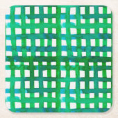 水彩グリッド – 緑 スクエアペーパーコースター (正面)
