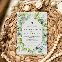 水彩グリーナリーフレームウィンターウェディングパーティー 招待状