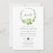水彩グリーナリーモノグラムリース結婚ズ 招待状 (正面)