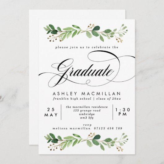 水彩グリーナリーユーカリ卒業パーティー 招待状 (正面/裏面)