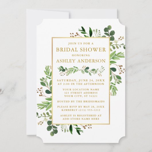 水彩グリーナリーユーカリ金ゴールドブライダルシャワー 招待状 (正面)