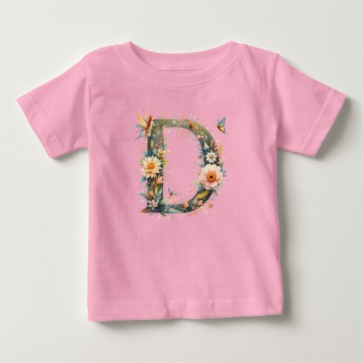 水彩グリーナリー妖精モノグラム文字D ベビーTシャツ (正面)