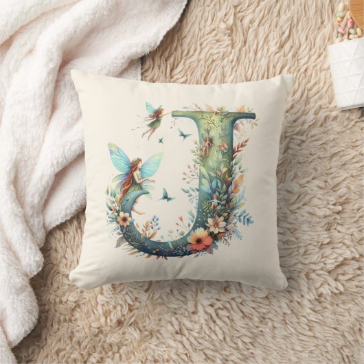 水彩グリーナリー妖精モノグラム文字J クッション (ブランケット)