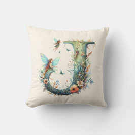 水彩グリーナリー妖精モノグラム文字J クッション