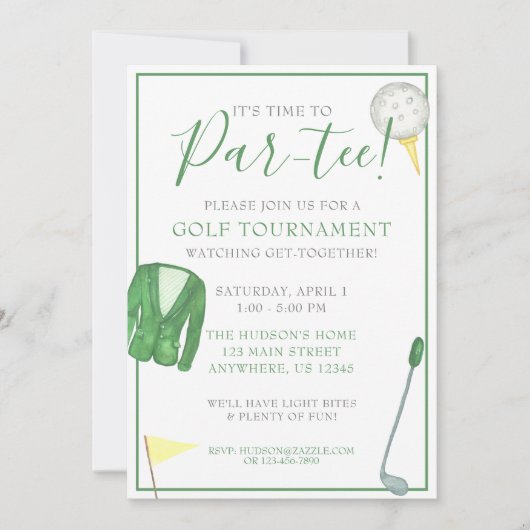 水彩グリーンとイエローのゴルフトーナメントパーティー 招待状 (正面)