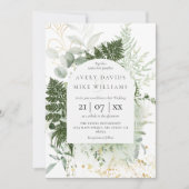 水彩グリーンとゴールドのエレガントなウェディング 招待状 (正面)