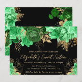 水彩グリーンとゴールドの花のスイートシックスティーン 招待状 (正面/裏面)