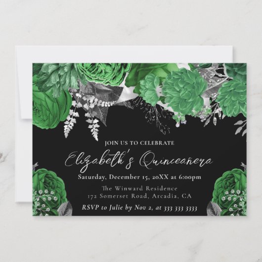 水彩グリーンとシルバーのバラキンセアニェラ 招待状 (正面)