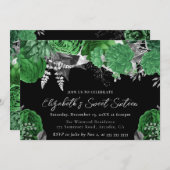 水彩グリーンとシルバーのバラSweet sixteen 招待状 (正面/裏面)