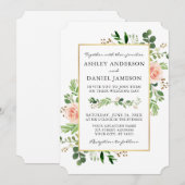 水彩グリーンとピンクのバラのウェディング 招待状 (正面/裏面)