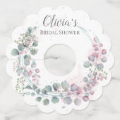 水彩グリーンとピンクのユーカリの葉 ワイングラスタグ (正面)