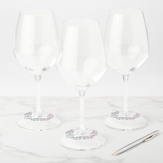 水彩グリーンとピンクのユーカリ葉 ワイングラスタグ (セット)