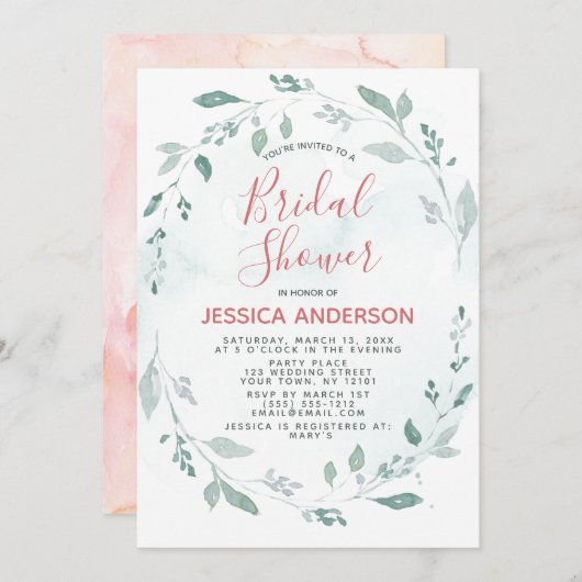 水彩グリーンとピンクブライダルシャワー 招待状 (正面/裏面)