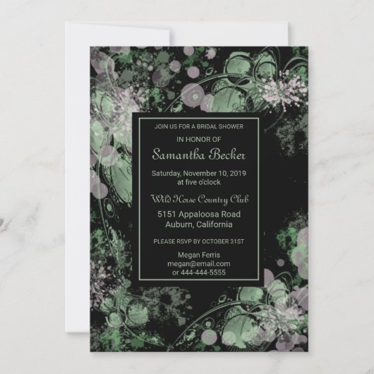 水彩グリーンとピンクボタニカルブライダルシャワー 招待状 (正面)